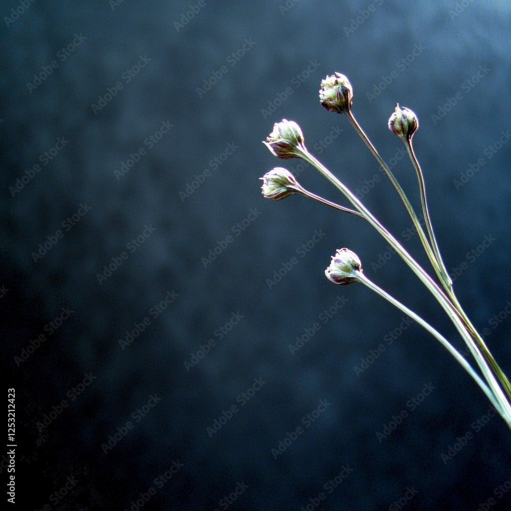 Close-Up of Delicate Plant Stems with Buds Against a Dark Grey Background Close-Up of Delicate Plant Stems with Buds Against a Dark Grey Background