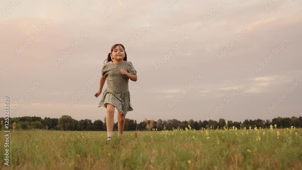 happy little girl runs across green field. cheerful child kid run jumping open air. daughter girl feet running green grass. happy childhood concept. chidhood dream. summer kindergarten. schoolgirl happy little girl runs across green field. cheerful child kid run jumping open air. daughter girl feet running green grass. happy childhood concept. chidhood dream. summer kindergarten. schoolgirl