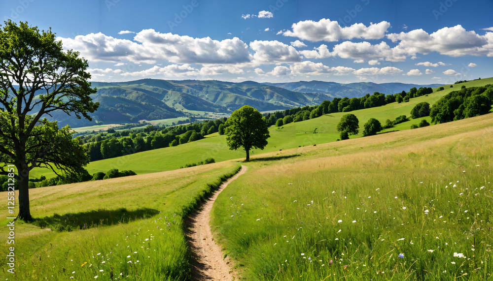 Fototapeta premium Le paysage champêtre verdoyant et ensoleillé.