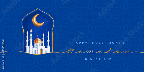 Ramadan Kareem greeting card template with crescent, 3d mosque with gold dome in the arch window, golden calligraphy continuous line Ramadan, blue background and geometric pattern. Vector illustration