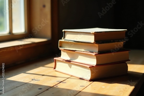 Wallpaper Mural Sunlight Illuminates a Stack of Vintage Books Resting on a Wooden Surface Near a Window Torontodigital.ca