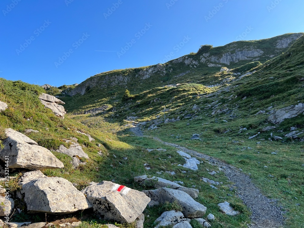 Trails for walking, hiking, sports and recreation on the slopes of the Melchtal alpine valley and in the Uri Alps mountain massif, Kerns - Canton of Obwalden, Switzerland (Kanton Obwald, Schweiz) Trails for walking, hiking, sports and recreation on the slopes of the Melchtal alpine valley and in the Uri Alps mountain massif, Kerns - Canton of Obwalden, Switzerland (Kanton Obwald, Schweiz)