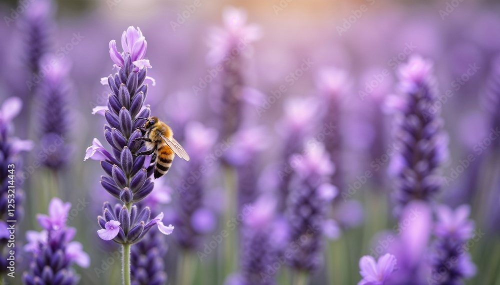 Honeybee on Lavender Flower in Dreamy Pastel Landscape Honeybee on Lavender Flower in Dreamy Pastel Landscape