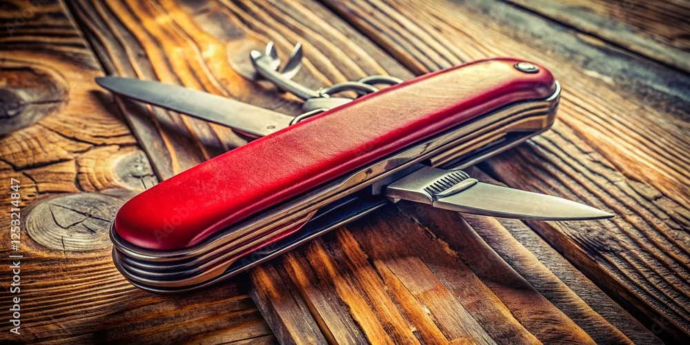 Obraz premium Vintage Swiss Army Knife Panoramic on Rustic Wood - Antique Pocketknife Background