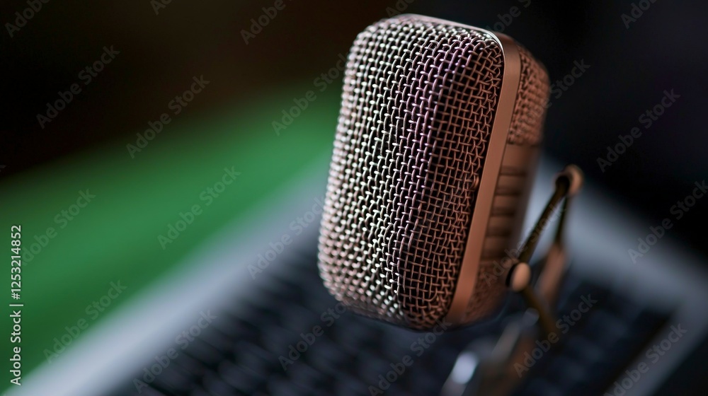 Close Up of Silver Metal Grid Microphone in Dark Studio Close Up of Silver Metal Grid Microphone in Dark Studio