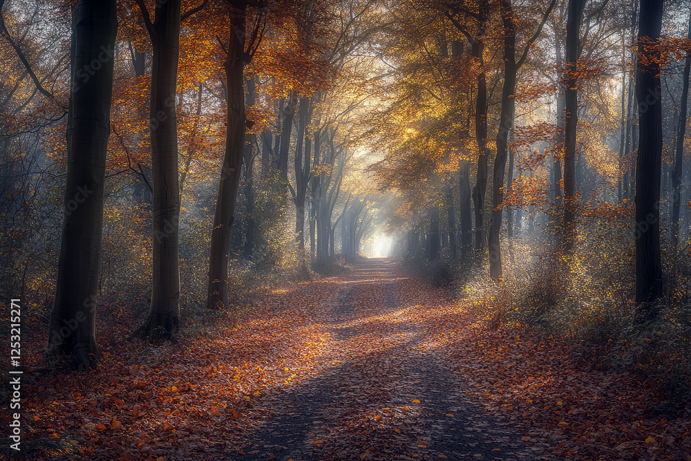 Obraz premium Golden autumn sunlight illuminating a leaf-covered forest path surrounded by vibrant fall foliage