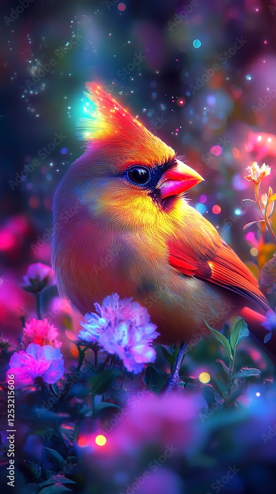 Vibrant Cardinal in Enchanted Garden A Surreal Avian Fantasy Vibrant Cardinal in Enchanted Garden A Surreal Avian Fantasy