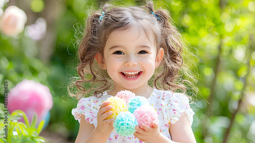 Happy toddler girl holding colorful eggs in spring garden Happy toddler girl holding colorful eggs in spring garden