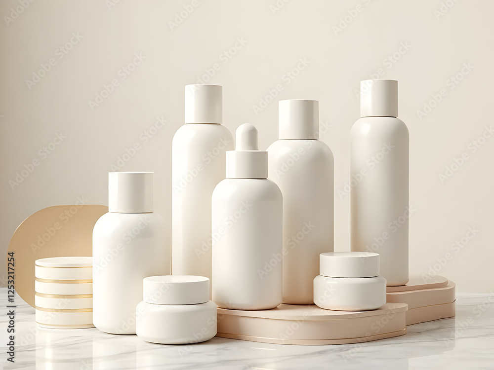 Luxe Skincare Bottle Arrangement: A high-end display of different label-free cream bottles, arranged on a reflective marble surface. Luxe Skincare Bottle Arrangement: A high-end display of different label-free cream bottles, arranged on a reflective marble surface.