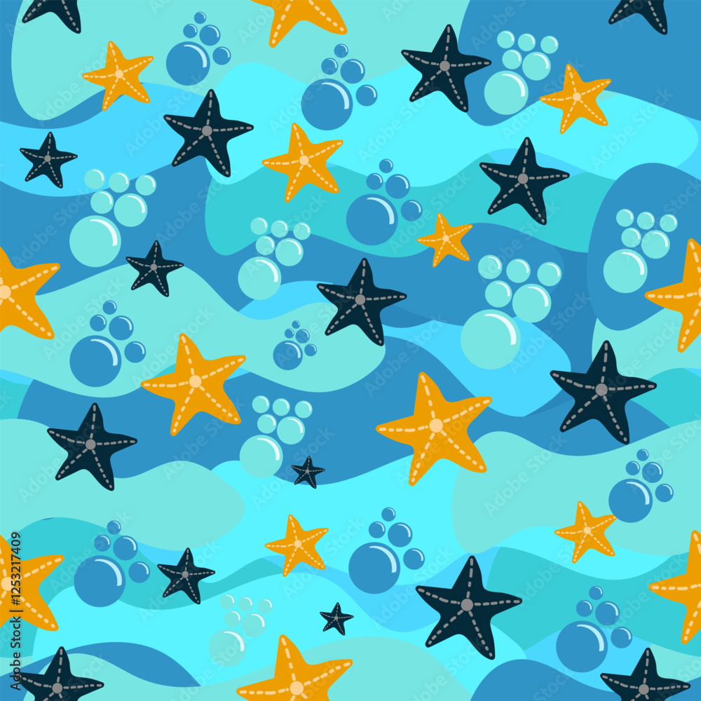 Obraz premium Underwater Starfish and Bubbles Seamless Pattern in Blue Tones