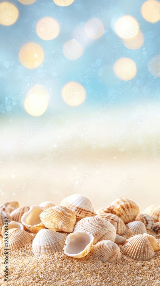Seashells on Sandy Beach with Summer Bokeh Background Vacation Theme Seashells on Sandy Beach with Summer Bokeh Background Vacation Theme