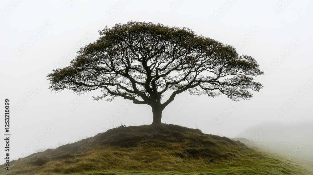 Obraz premium Foggy landscape, solitary tree atop grassy hill.