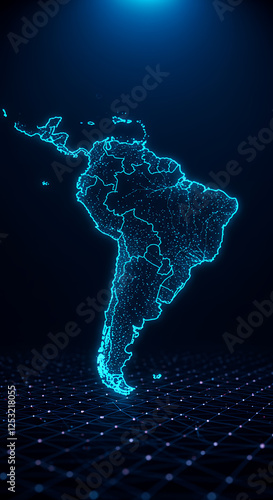 South America Map: Glowing Neon Tech Network of Countries & Borders - Futuristic Continent Visualization