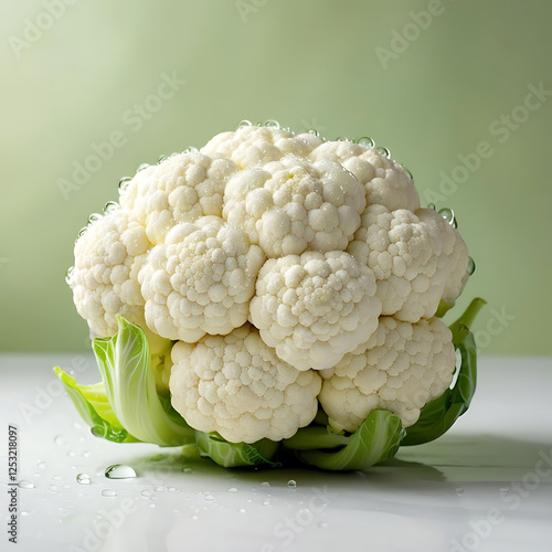 Close-up of a single cauliflower with dew droplets on its surface, surrounded by a smooth photo