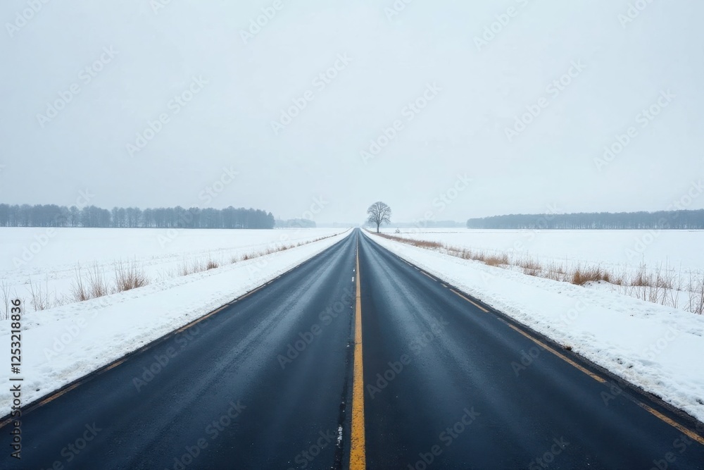 Winter Road Ahead A Solitary Tree Stands Sentinel on a Snowy Landscape, Pavement Beckons the Journey