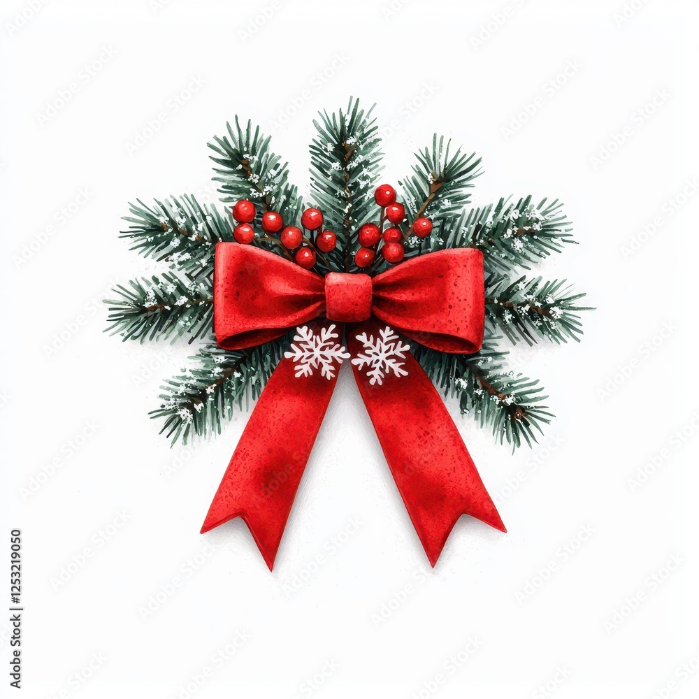 Festive Christmas Decoration Red Bow Holly Berries Snowy Pine Branches Festive Christmas Decoration Red Bow Holly Berries Snowy Pine Branches