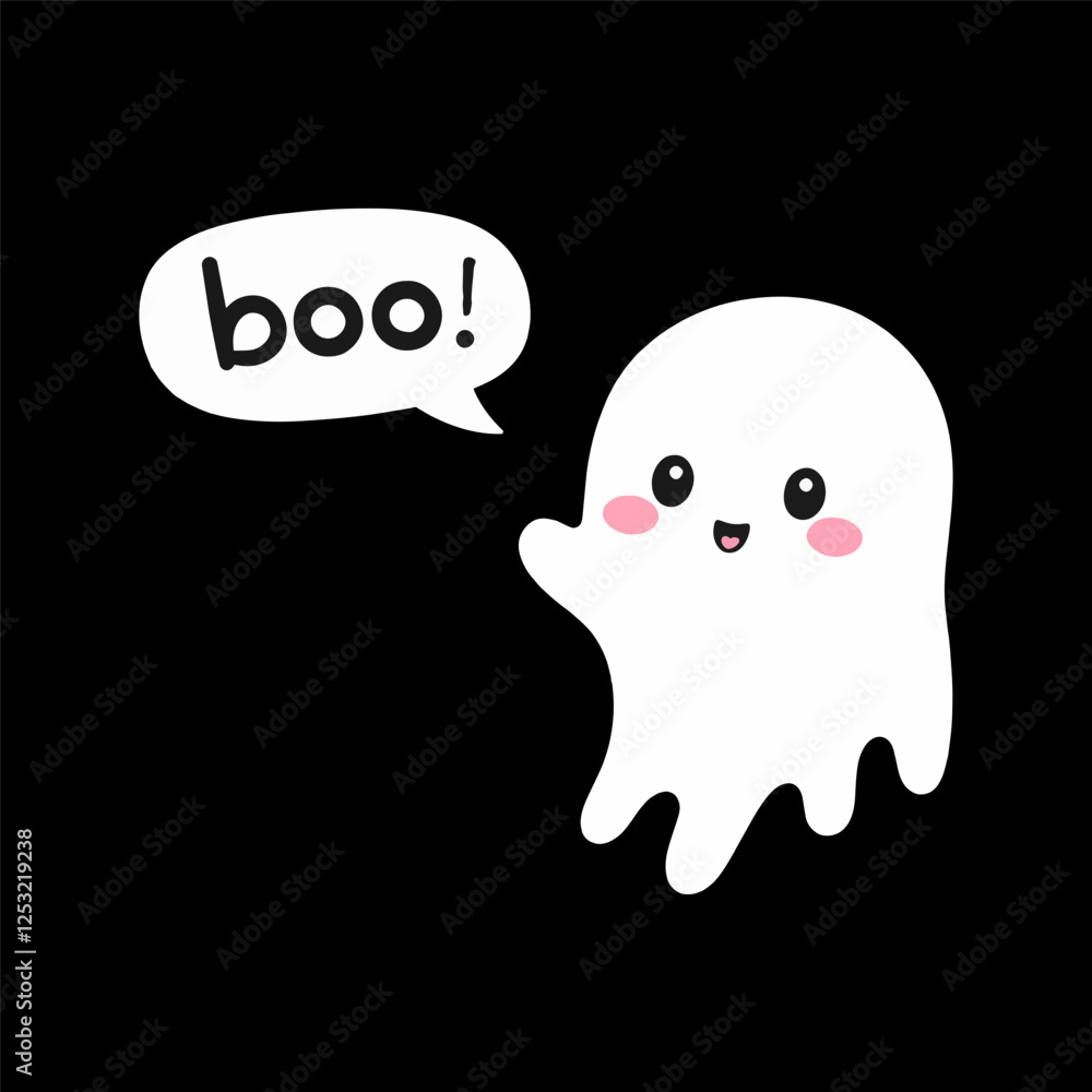 Cute ghost character with smile and speech bubble on black background. Generative AI Cute ghost character with smile and speech bubble on black background. Generative AI