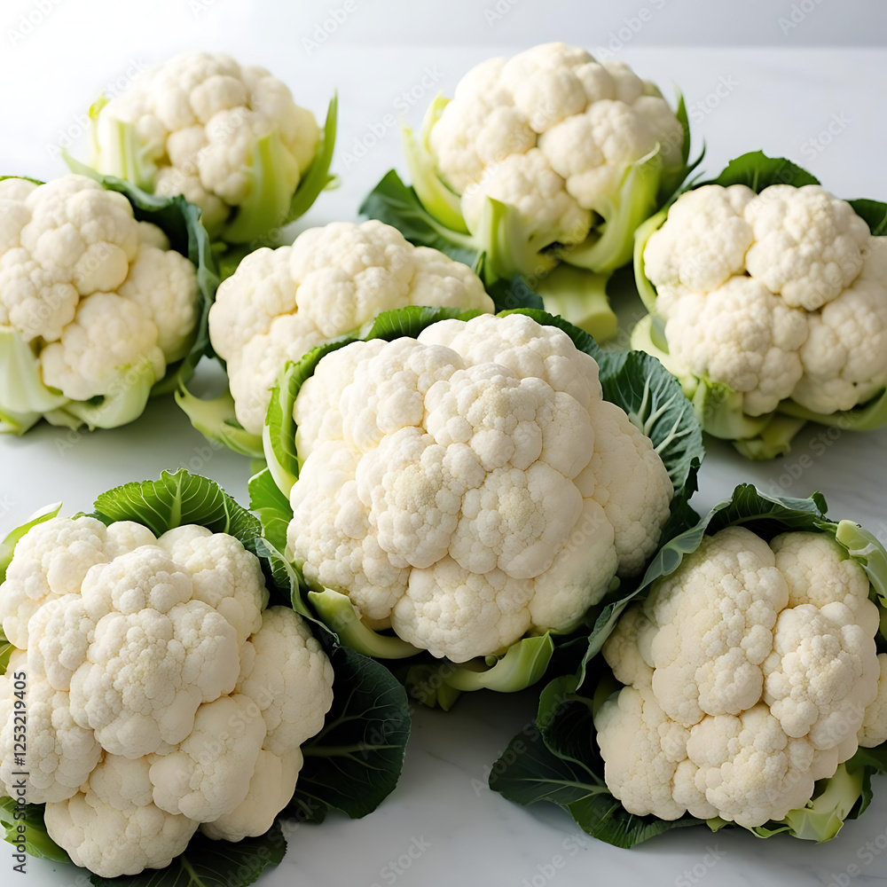 Several whole cauliflower heads arranged artistically with a focus on color contrast between the white florets Several whole cauliflower heads arranged artistically with a focus on color contrast between the white florets