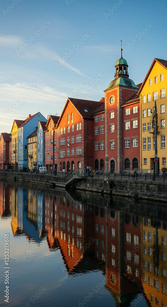 Naklejka premium Colorful Reflections: Architectural Charm on a Tranquil River, Germany.