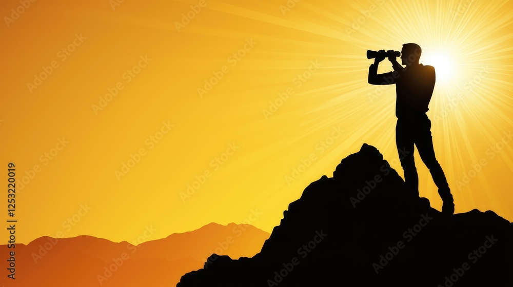 Silhouette of a Man on Mountaintop Using Binoculars at Sunset Silhouette of a Man on Mountaintop Using Binoculars at Sunset