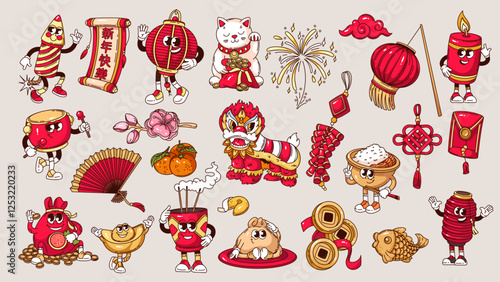 Groovy cartoon characters set of Chinese lunar New Year. Funny retro happy personages for Chinese festival celebration. CNY mascots, cartoon stickers collection of 70s 80s style vector illustration