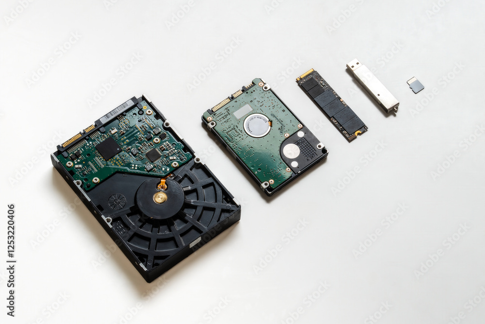 The evolution of storage devices. Several different storage media from the last 30 years, collected in one picture. From old to modern. In the photo: HDD, USB flash drive, SSD disk, flash card. The evolution of storage devices. Several different storage media from the last 30 years, collected in one picture. From old to modern. In the photo: HDD, USB flash drive, SSD disk, flash card.