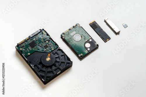 The evolution of storage devices. Several different storage media from the last 30 years, collected in one picture. From old to modern. In the photo: HDD, USB flash drive, SSD disk, flash card. 
