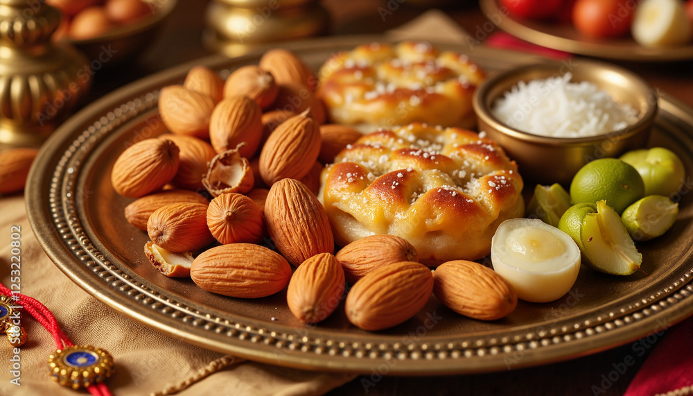 Festive platter with almonds and mithai in serene atmosphere, celebration, Almonds and Sweets, Raksha Bandhan Festive platter with almonds and mithai in serene atmosphere, celebration, Almonds and Sweets, Raksha Bandhan