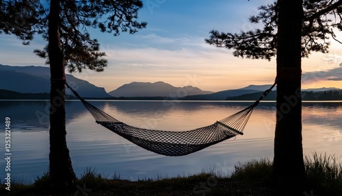 Fototapeta Naklejka Na Ścianę i Meble -  A cozy hammock sways gently between two sturdy trees, offering a perfect spot for relaxation beside a calm mountain lake during a stunning sunset. Nature embraces serenity
