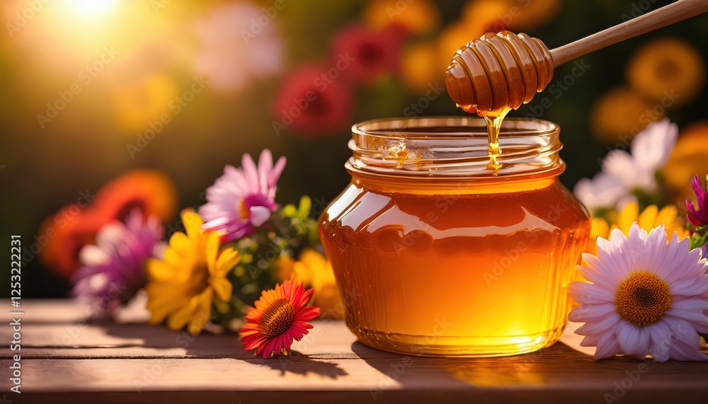 A delightful view showcases a honey jar filled with golden liquid, reflecting sunlight. A wooden dipper drips honey, while colorful flowers bloom nearby, creating a lively atmosphere A delightful view showcases a honey jar filled with golden liquid, reflecting sunlight. A wooden dipper drips honey, while colorful flowers bloom nearby, creating a lively atmosphere