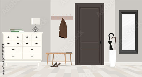 Stylish hallway with chest of drawers and mirror. Vector illustration