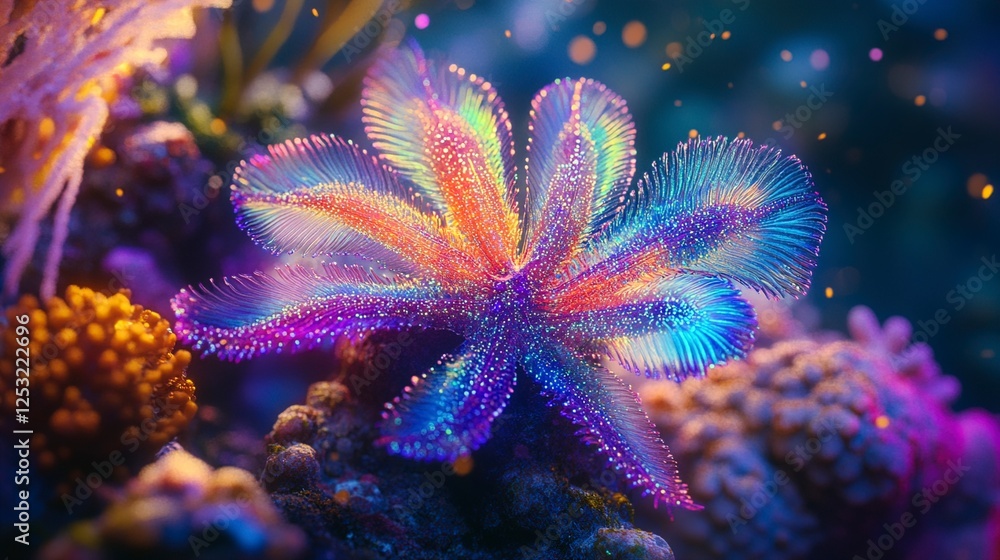 Luminous Underwater Sea Star Vibrant Coral Reef Creature with Sparkling Glowing Tentacles Luminous Underwater Sea Star Vibrant Coral Reef Creature with Sparkling Glowing Tentacles