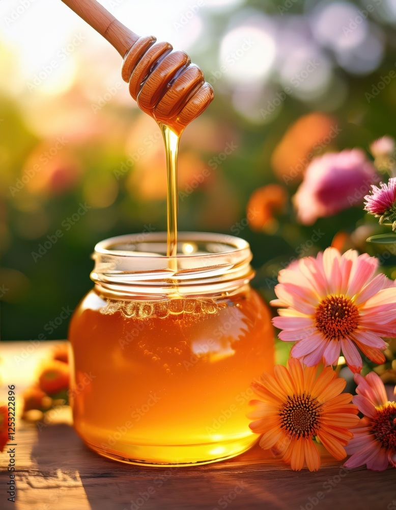 Fresh honey is delicately lifted from a jar with a wooden dipper, showcasing its rich golden hue Fresh honey is delicately lifted from a jar with a wooden dipper, showcasing its rich golden hue