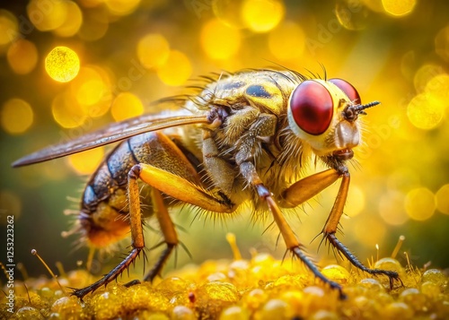 Yellow Dung Fly (Scathophaga stercoraria) Macro Photography with Bokeh Background photo