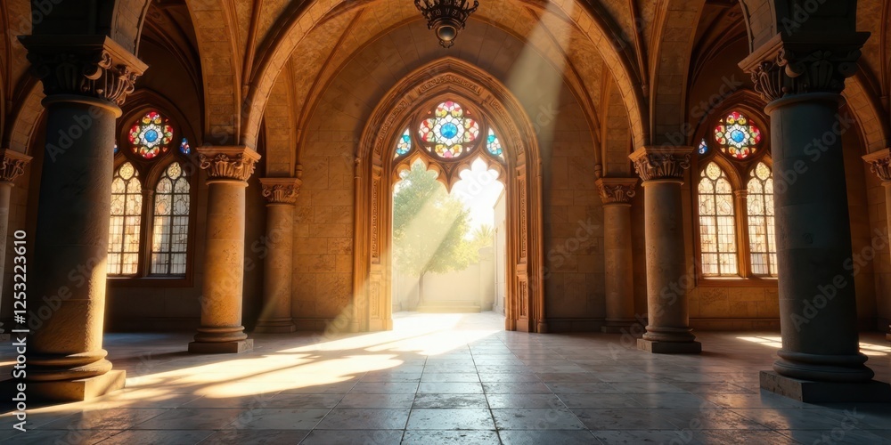 Obraz premium Sunlit Cathedral Hallway with Ornate Columns and Stained Glass Windows