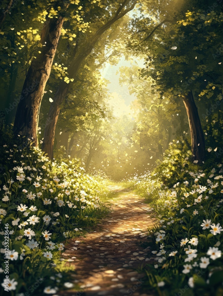 Fototapeta premium Sunlight filters through trees in a tranquil forest path