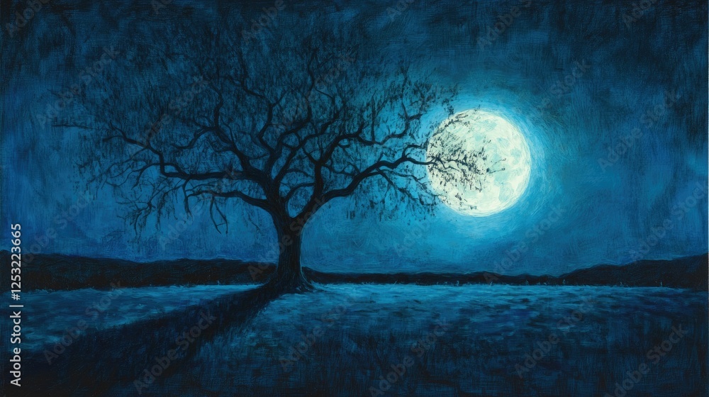 Nocturnal landscape: solitary tree, large moon, dark blue tones. Nocturnal landscape: solitary tree, large moon, dark blue tones.