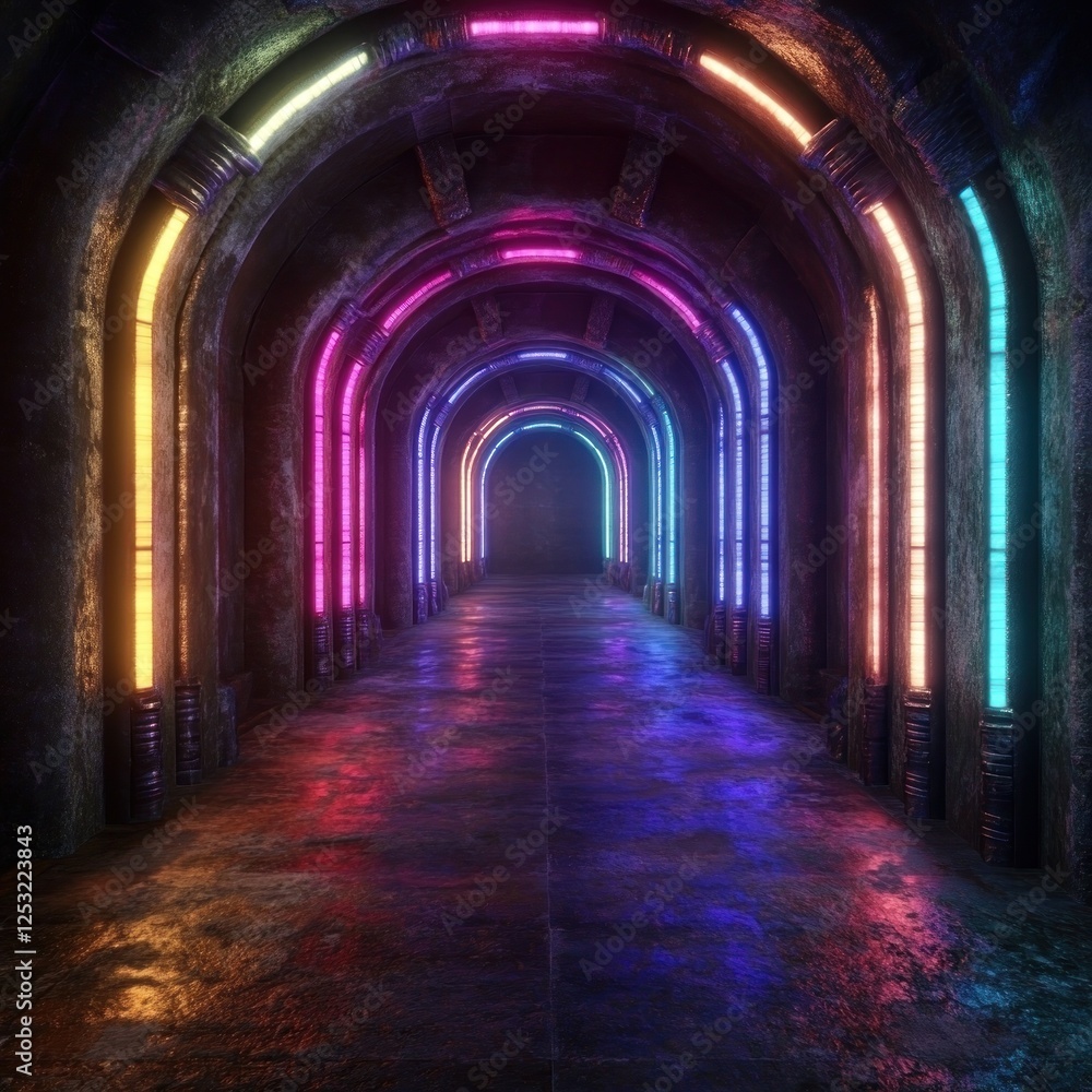 Fototapeta premium Neon-lit archway corridor, futuristic scene, dark background, video game asset
