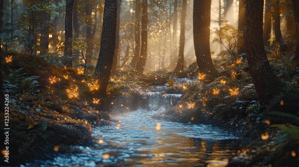 Fototapeta premium Glowing insects near stream, enchanted forest.