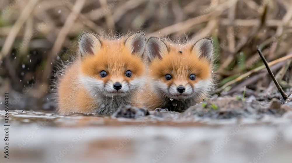 Obraz premium Two red fox kits in a shallow stream, springtime, natural habitat, wildlife photography, adorable