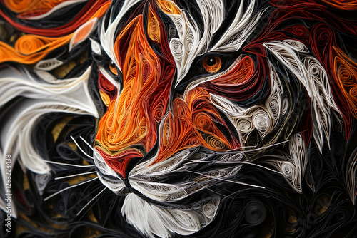 A close-up of a paper quilled tiger design with intricate swirling lines in orange, black, and white, showcasing the artistic technique and the majestic beauty of the animal.