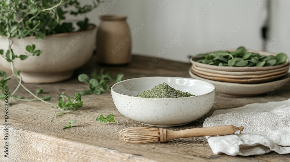 A rustic kitchen scene featuring herbs and green powder in bowls on a wooden table. A rustic kitchen scene featuring herbs and green powder in bowls on a wooden table.