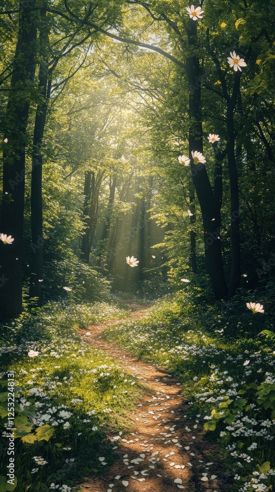 Obraz premium Sunlight filters through green forest with blooming flowers