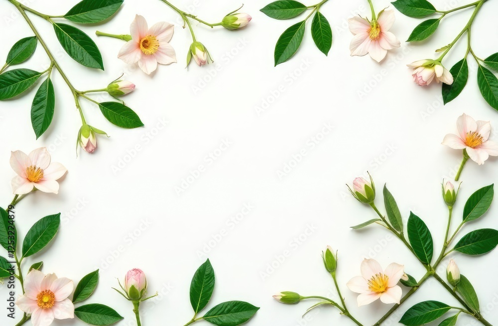 Fototapeta premium Patterns with leaves, jasmine, white background, lay flat, the top view