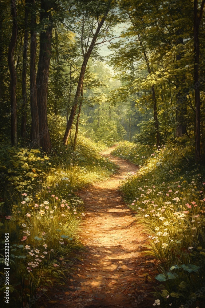 Fototapeta premium Scenic pathway through a lush forest at golden hour