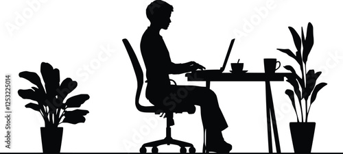 Minimalist black and white silhouette of an office worker at a desk with a laptop and coffee cup, side profile, clean lines, professional setting, digital workspace, and modern work environment