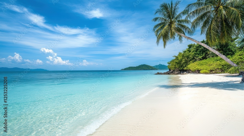 A white sandy beach with palm trees, clear blue sky, and turquoise sea A white sandy beach with palm trees, clear blue sky, and turquoise sea