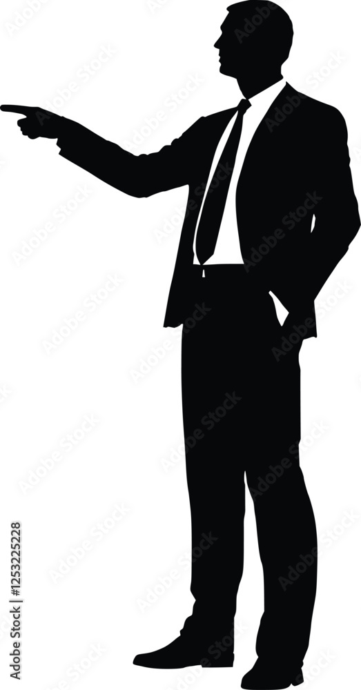 Fototapeta premium Minimalist black and white silhouette of a standing man in formal business attire pointing, conveying a confident leadership pose, with sharp contrast, sleek outline