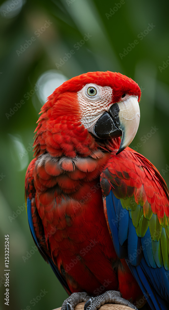 Fototapeta premium Scarlet Macaw Majesty: A Vibrant Portrait of a Tropical Parrot in Lush Greenery - Captivating Bird Photography