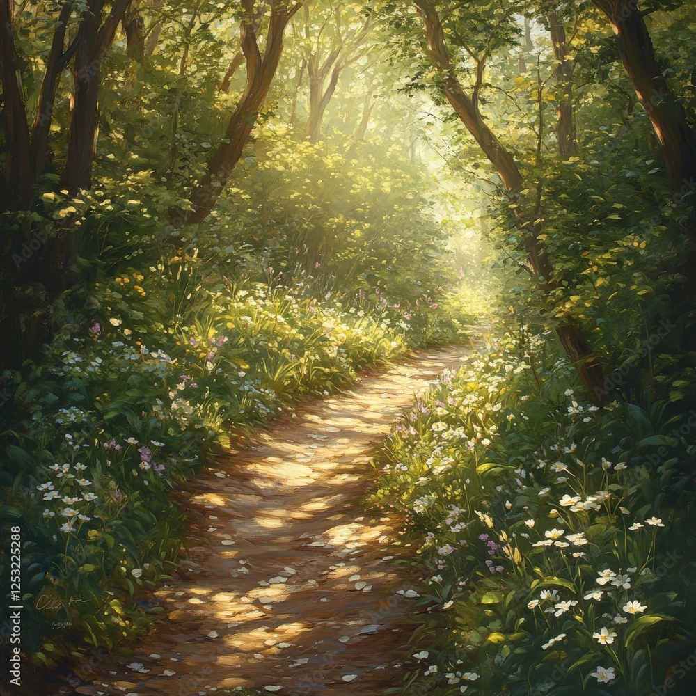 Obraz premium Serene forest path illuminated by soft sunlight